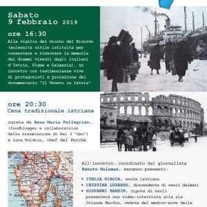 Giorno del Ricordo: incontro sull’esodo e cena tradizionale istriana.