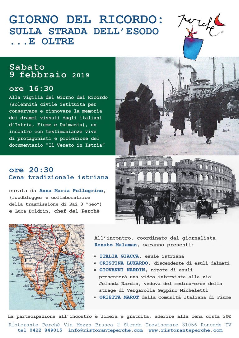 Giorno del Ricordo: incontro sull'esodo e cena tradizionale istriana.