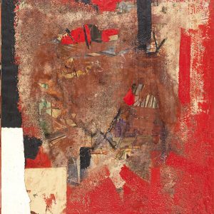 Alberto Burri: Rosso Nero, 1953, Composizione: stoffa, pietra pomice, olio, vinavil su tela, cm 100x86. Collezione Privata, Milano
